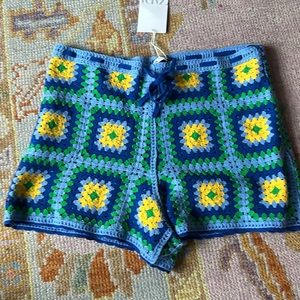 NWT, Zara Women's Blue/Yellow Crochet Shorts, Size L